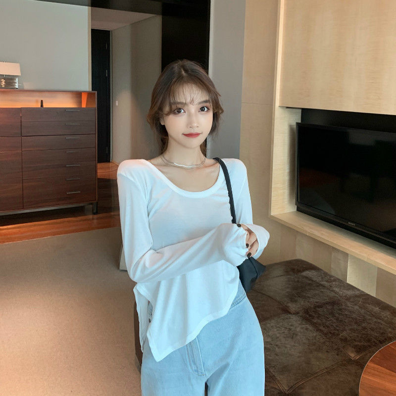 New Korean-style round-neck, thin, loose, slit and irregular base layer top for women's spring and autumn pic 35
