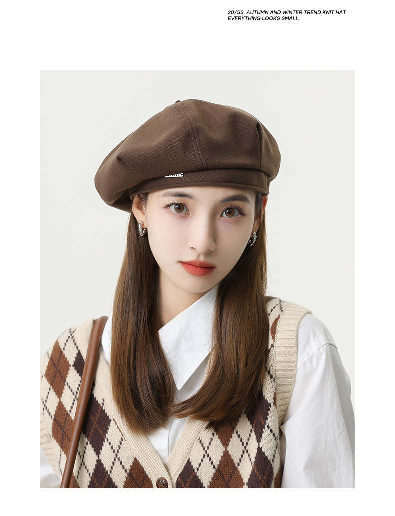 韩版秋冬毛呢金属标贝雷帽子女八角帽大头围显脸小时尚文艺画家帽详情9