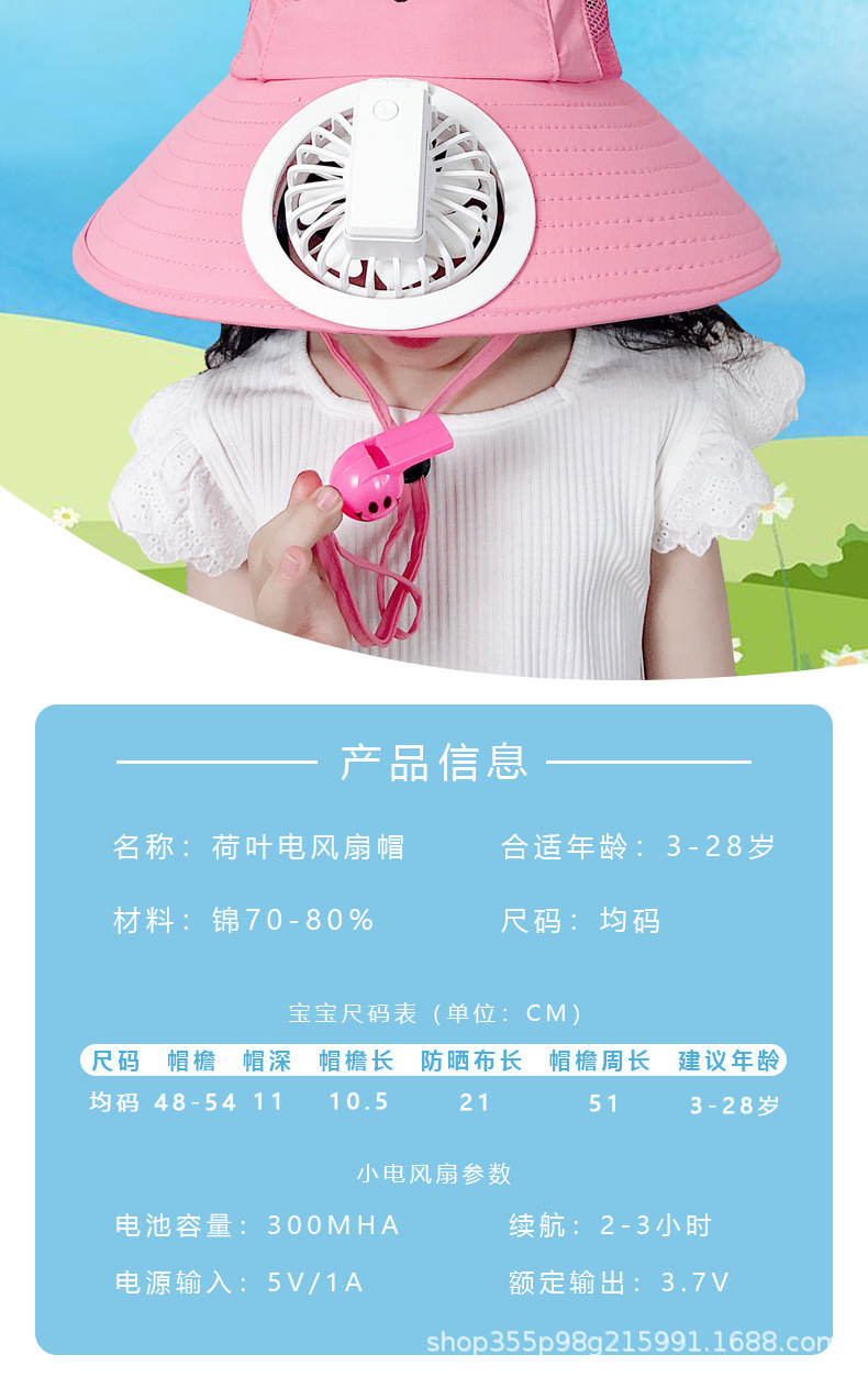 新款夏季风扇帽子USB充电儿童檐遮阳帽户外防嗮帽旅游风扇太阳帽详情2