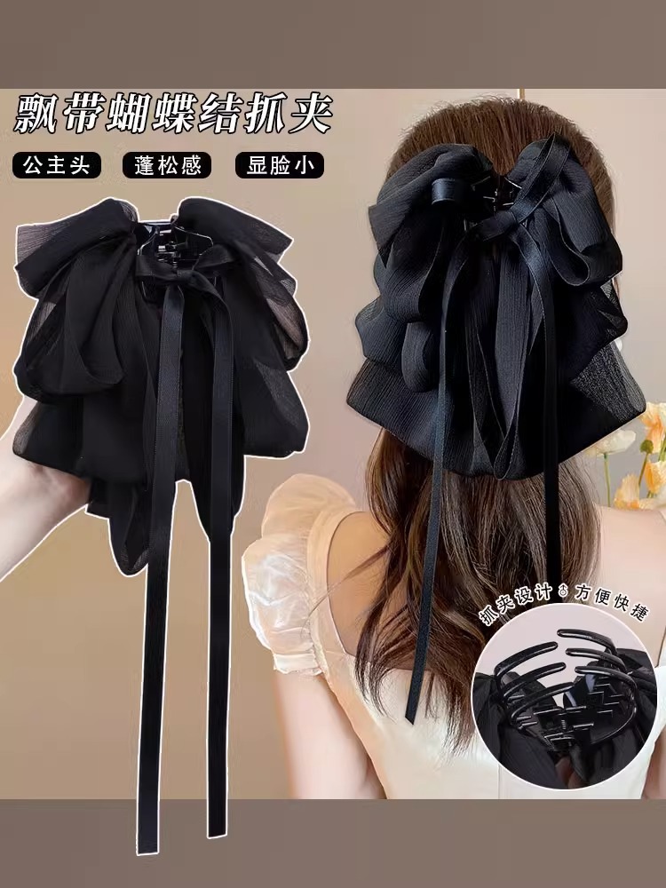 Korean-style bow hair clip, ribbon, oversized back head grab clip, high-end updo chiffon hair accessory, top clip wholesale for women pic 3