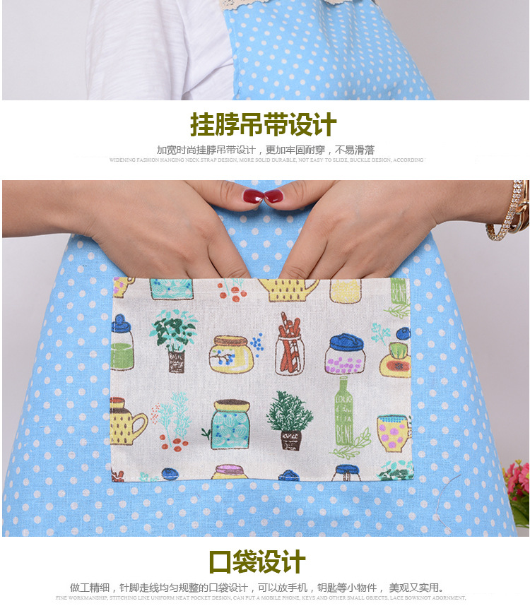 凡趣 圆点蕾丝棉麻围裙 时尚波点挂脖系带无袖居家围裙批发详情4