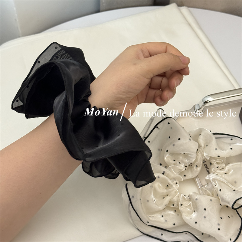 Double-layer fluffy cloud polka dot pearlescent gauze large intestine hair band, elegant bun hairstyle hair tie 2024 ponytail hair tie hair accessory pic 11