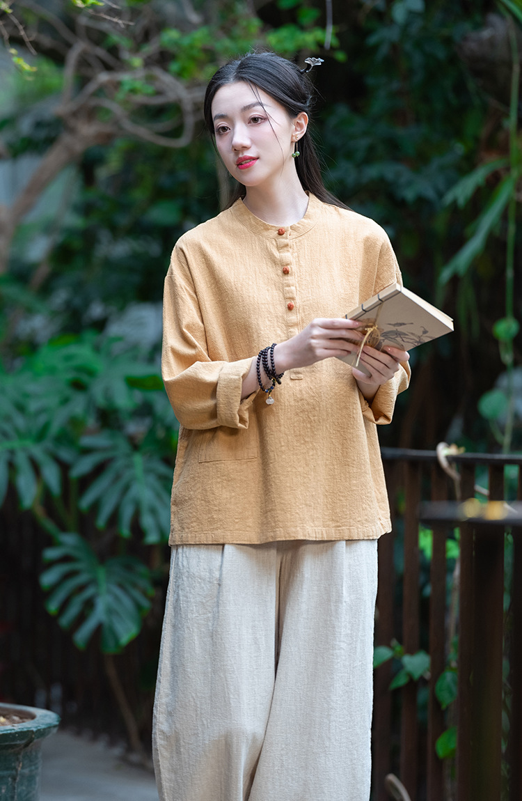 2024春夏棉麻女装新品亚麻立领拼色盘扣套头大码上衣女式棉麻衬衫详情50