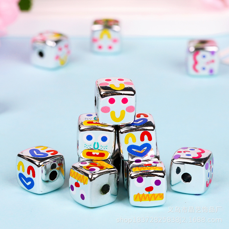 14mm bright silver square fun expression acrylic bead perforated diy hair tie hair accessory bracelet accessory pic 4