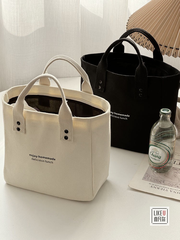 帆布纯色手提袋日式便当妈咪上班族外出带饭简约撞色时尚拎包饭盒详情9