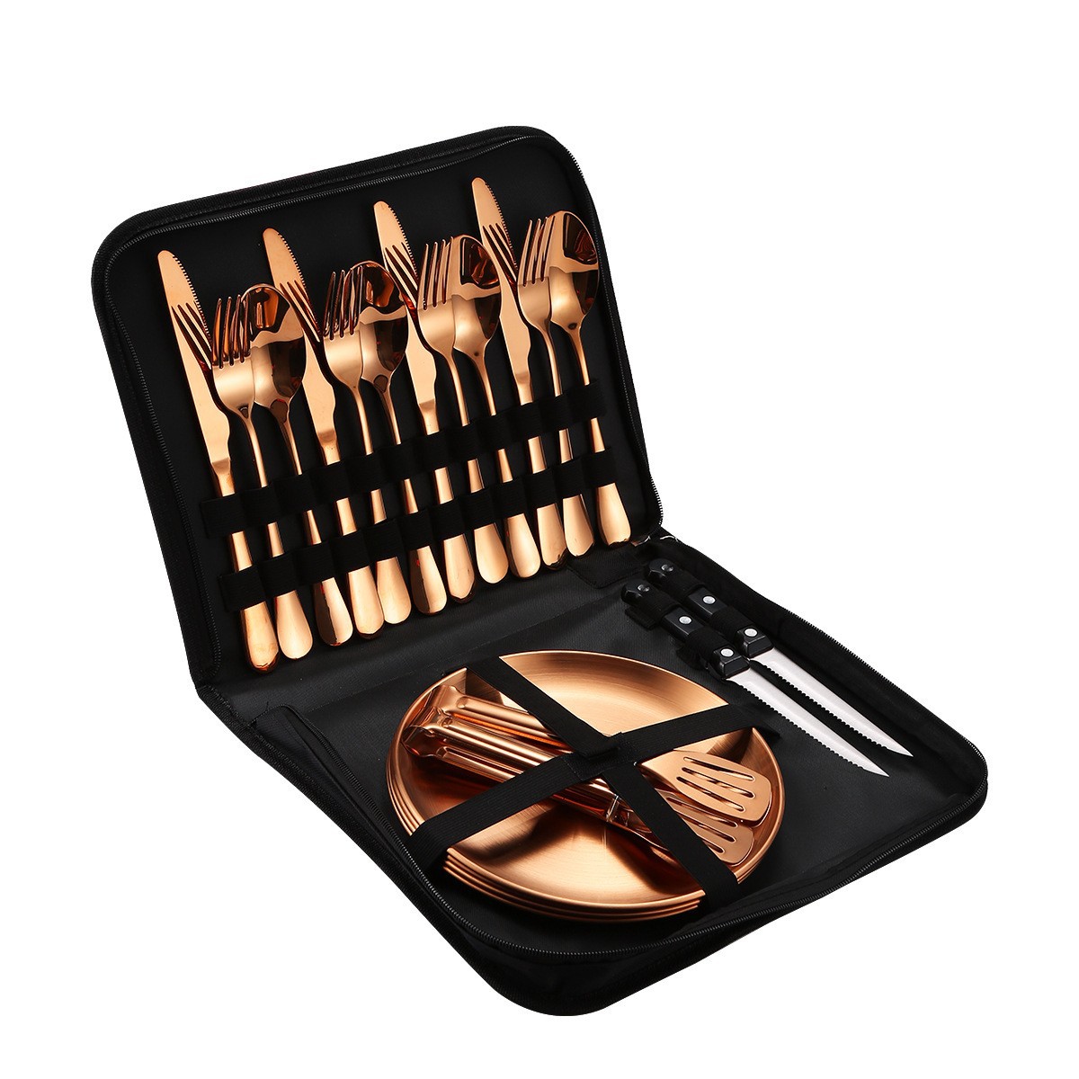 亚马逊不锈钢刀叉勺金色4人份便携式户外野营烧烤盘餐具20件套装详情31