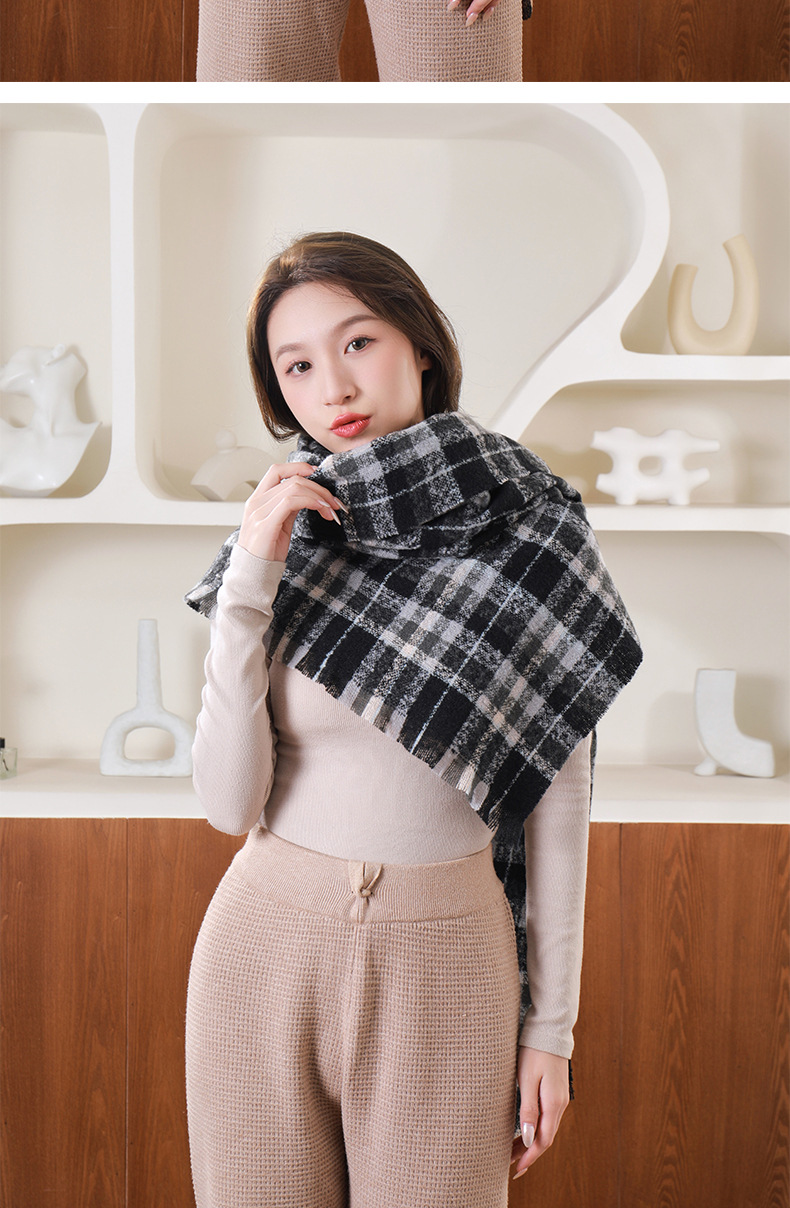 Winter couple student checkered scarf for girls 2023 Christmas gift, thickened and warm fringed faux cashmere scarf shawl pic 17