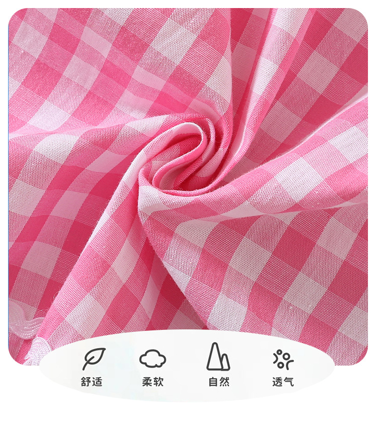 夏款女童打揽连衣裙粉色格子裙可爱兔子刺绣童裙棉布飞袖公主裙详情2