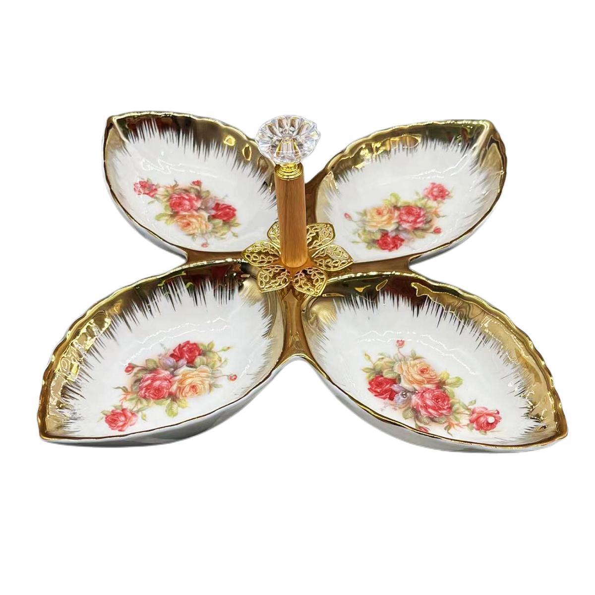 A pure white petal-shaped fruit platter with electroplated gold and multiple compartments, a hand-held restaurant banquet food platter pic 27