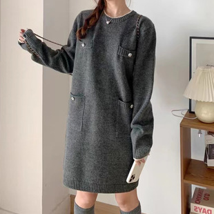 Semi-high neck mid-length elegant woolen dress, new autumn/Winter 2024 Korean-style long-sleeved base knitted dress for women pic 4
