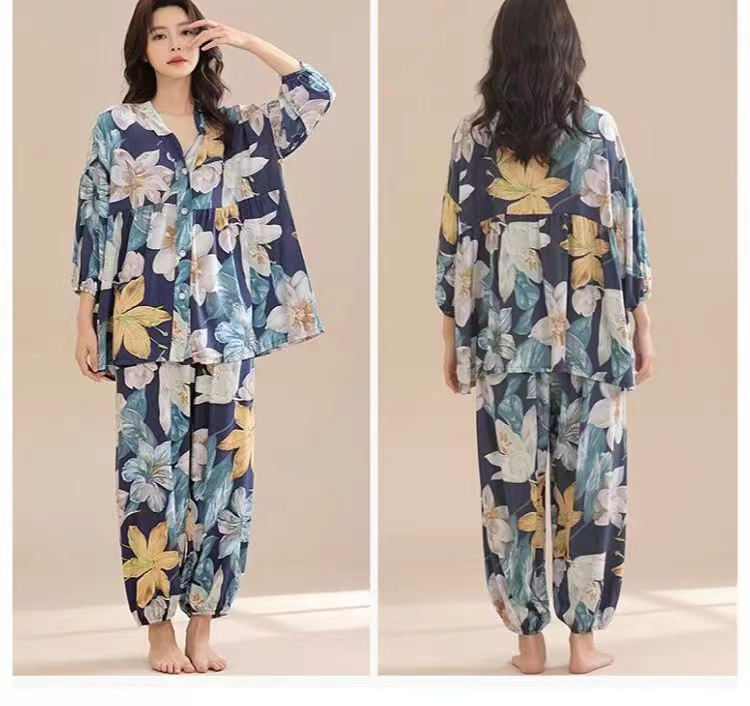 春夏新款棉绸睡衣套装女士七分袖大码宽松空调服家居服两件套详情9