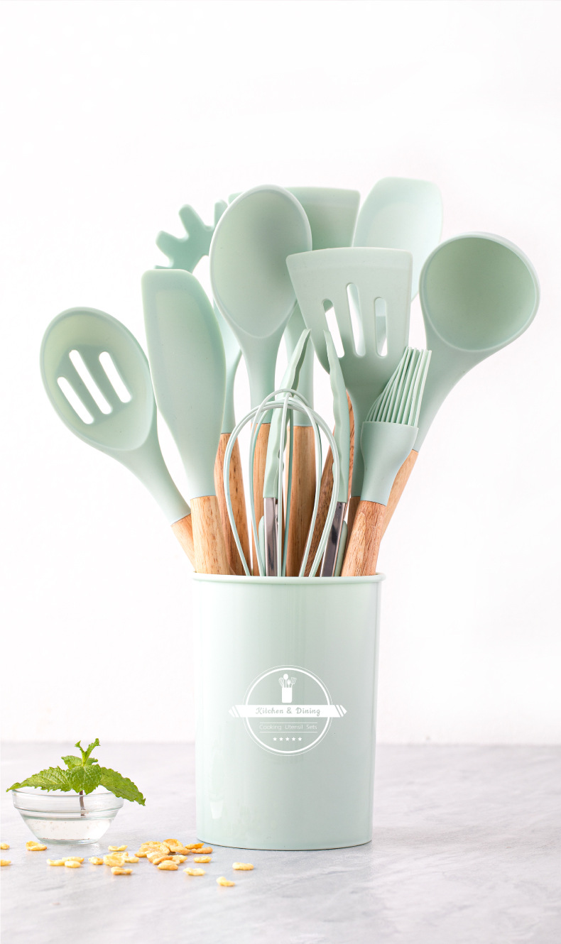 Non-stick cooking pan storage bucket, wooden handle, silicone kitchenware 12-piece set, silicone kitchenware 11-piece set pic 15