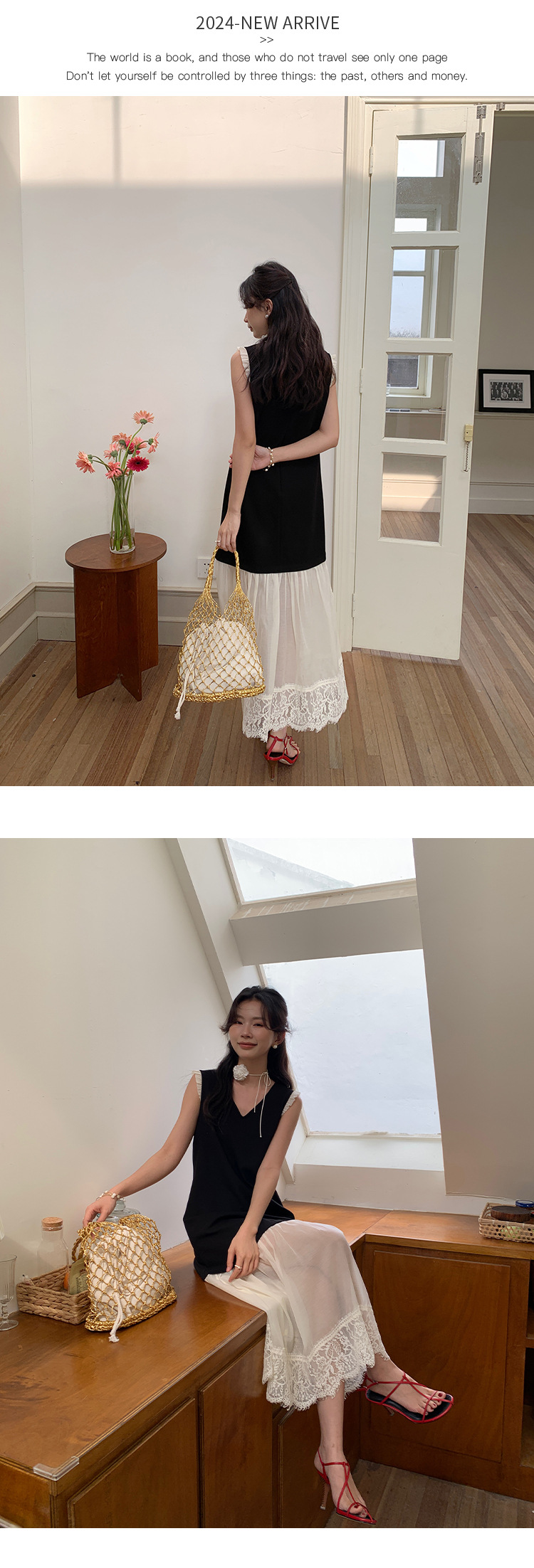 爱西里2024夏季法式温柔蕾丝拼接小黑裙欧根纱撞色连衣裙女11210详情11