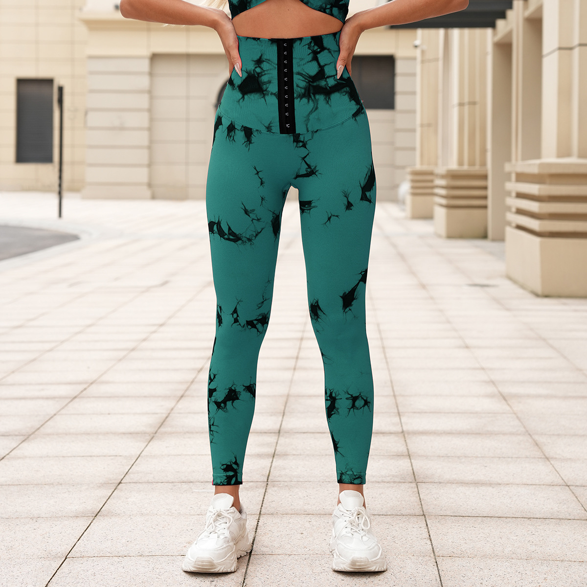 新品无缝扎染瑜伽裤高腰收腹排扣紧身裤提臀健身裤跑步塑身运动裤详情33