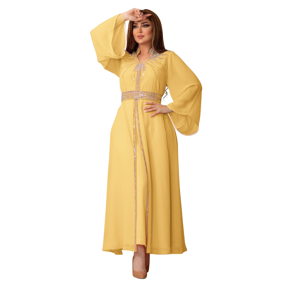 XQY500090 Foreign trade Arab robe, Middle East kaftan fashion Hot diamond belted chiffon dress pic 22