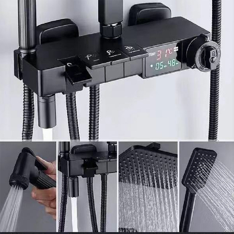 Gun-gray constant-temperature showerhead set, smart piano key household showerhead, digital display constant-temperature household pic 15