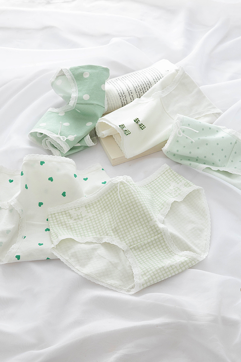 Japanese-style fresh and light polka dot print milkshake green girl underwear for women, pure cotton crotch mid-waist student briefs pic 43