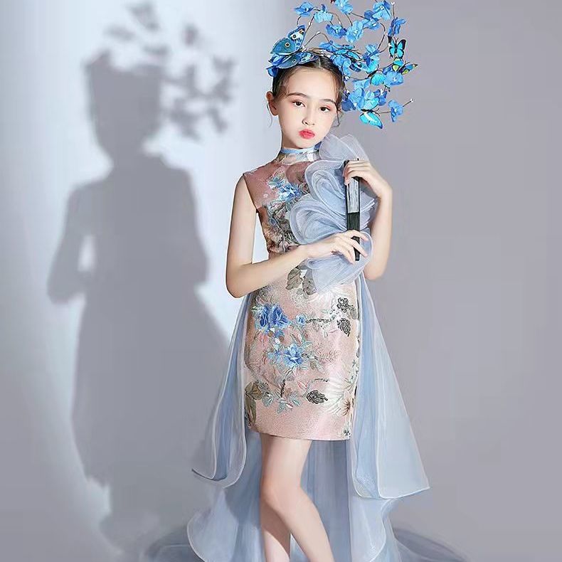 女童旗袍国潮改良夏季主持人儿童模特走秀T台潮装演出服国风礼服详情2