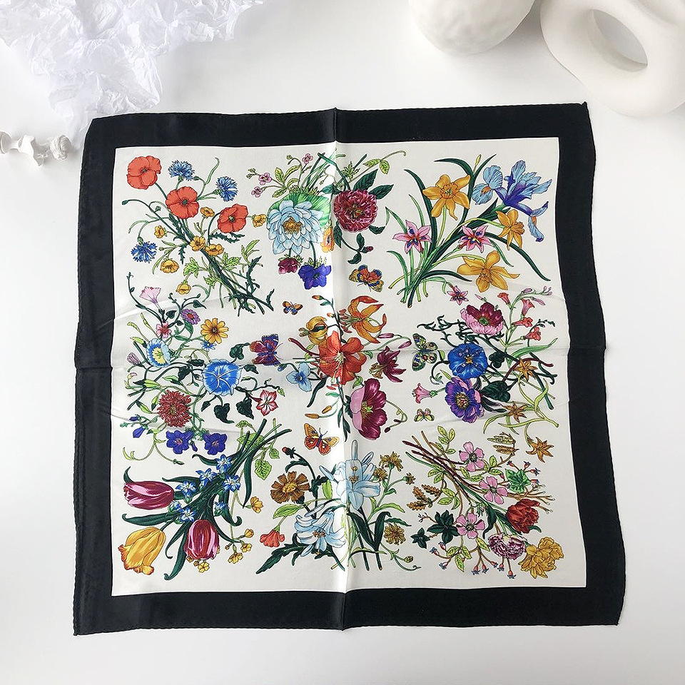 Wholesale silk scarves for overseas gifts and return gifts, cross-border silk autumn and winter decorative plain crepe satin 53cm floral neckerchiefs, small square scarves pic 46