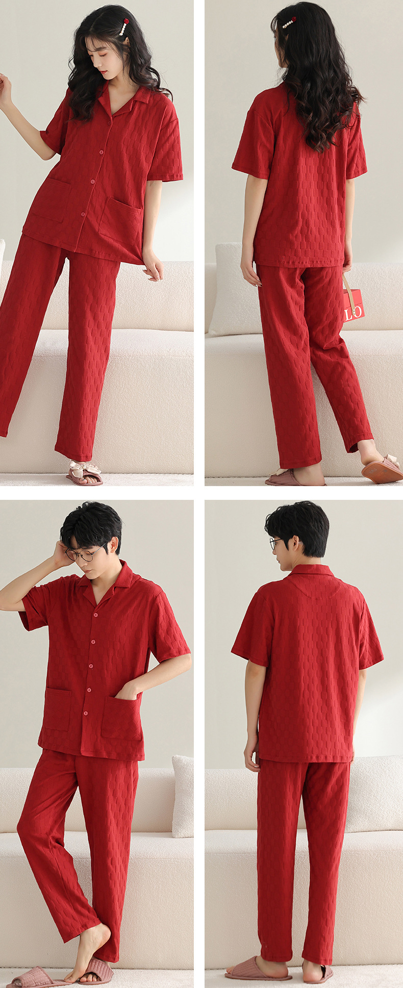 纯棉情侣睡衣夏季结婚新婚大码男士开衫长裤本命年红色家居服夏女详情5