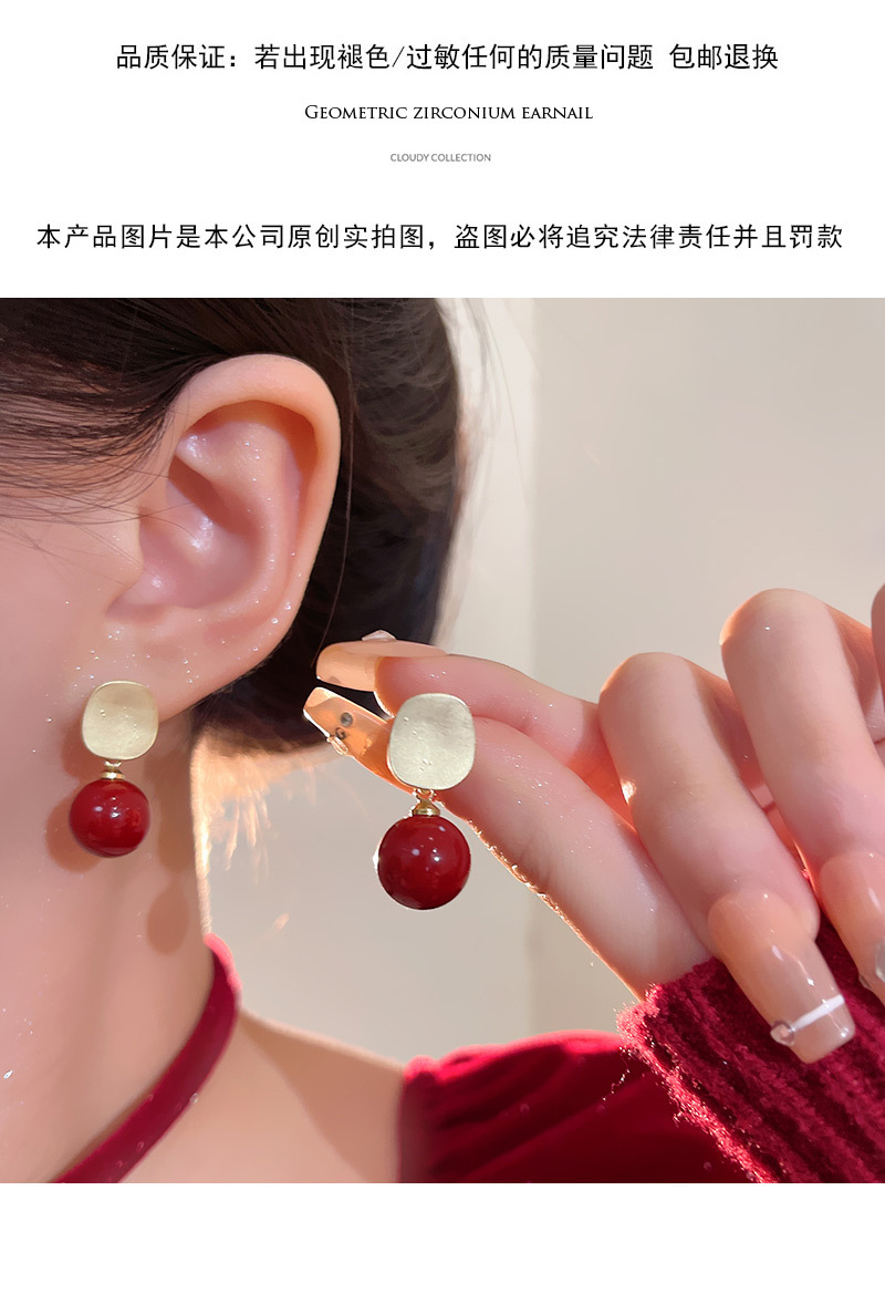 新年喜庆安可拉红色珠子耳钉女哑光拉丝几何形耳钉港风复工耳饰品详情15