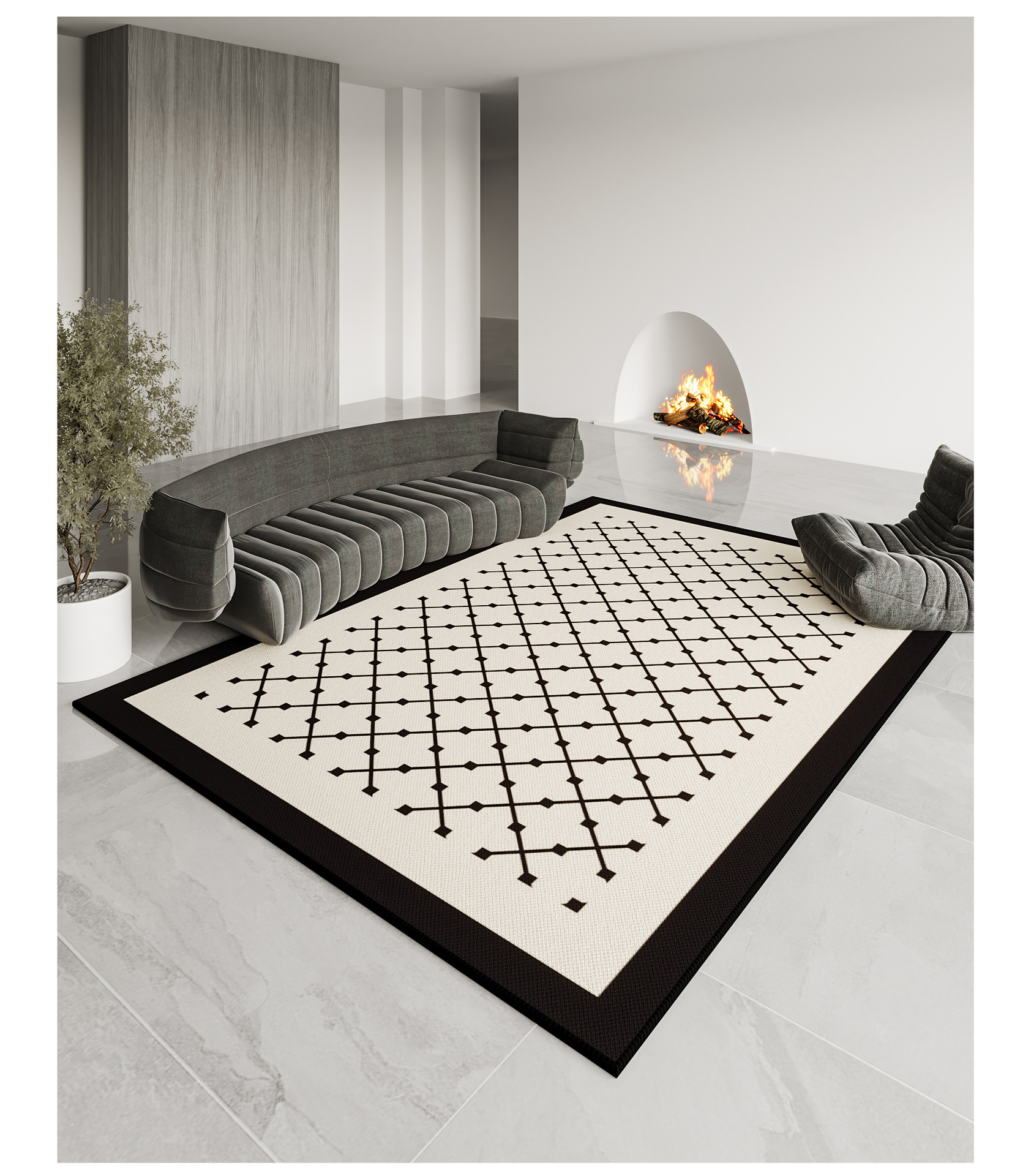 The American-style light luxury living room features a large carpet with simple stripes. The reception room is fully carpeted with Belgian velvet. The bedroom is covered with a carpet pic 11