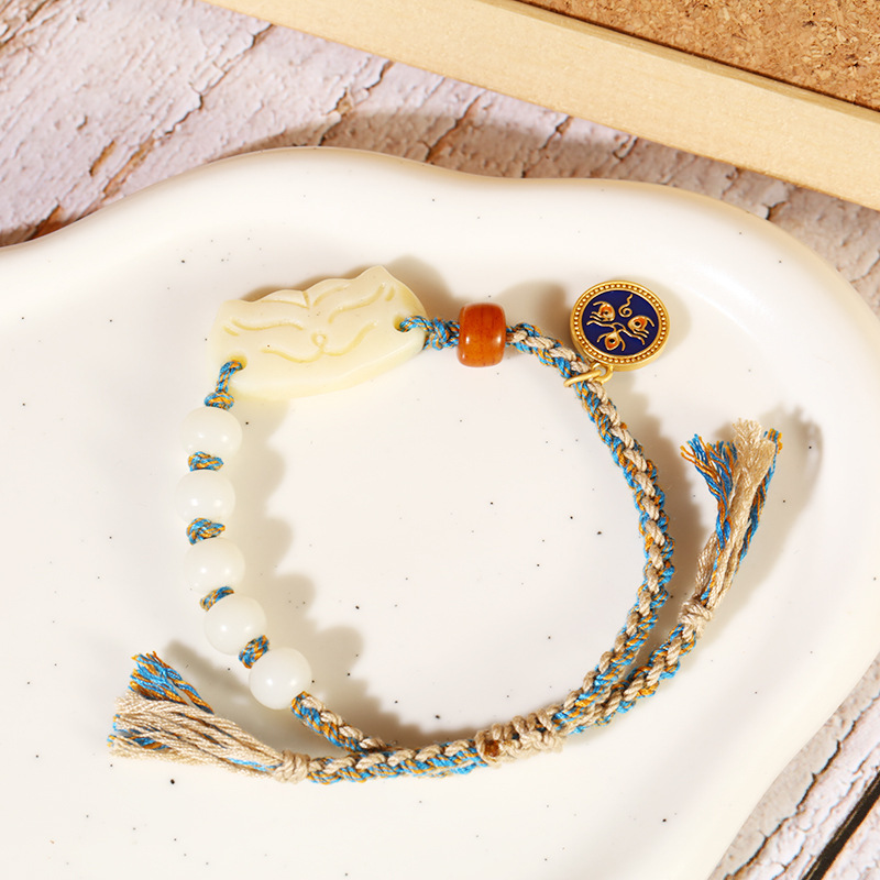 Ethnic-style hand-woven camel bone bracelet, cute little cat fox bracelet, retro Chinese trend smiling face cultural and artistic bracelet pic 7
