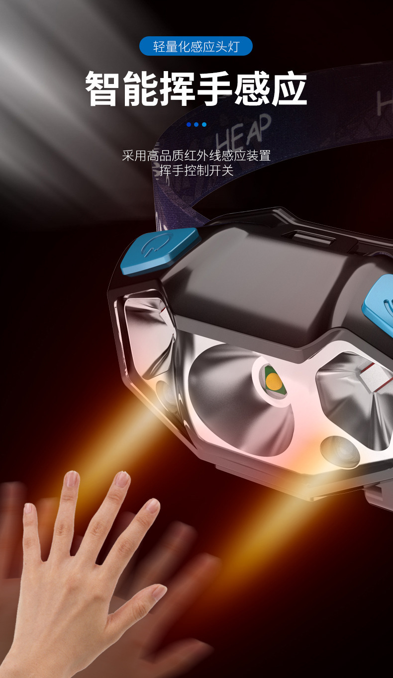 猎天鹰充电感应头灯强光超亮夜钓灯头灯防水户外轻量头戴式电筒详情5