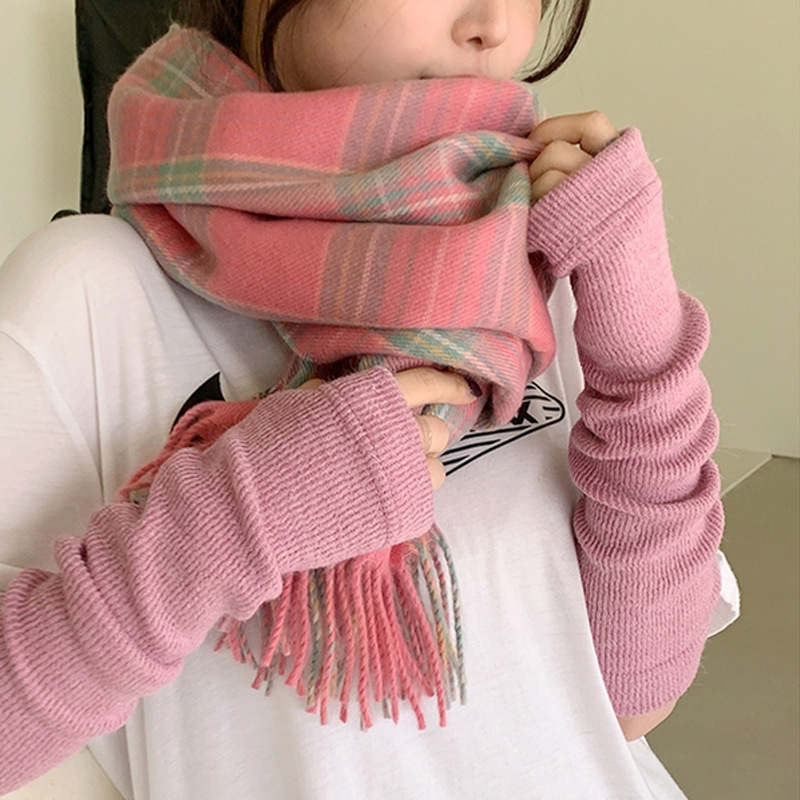 Korean style pink checkered scarf imitating cashmere winter purple scarf 2022 autumn and winter new style widened scarf shawl pic 23