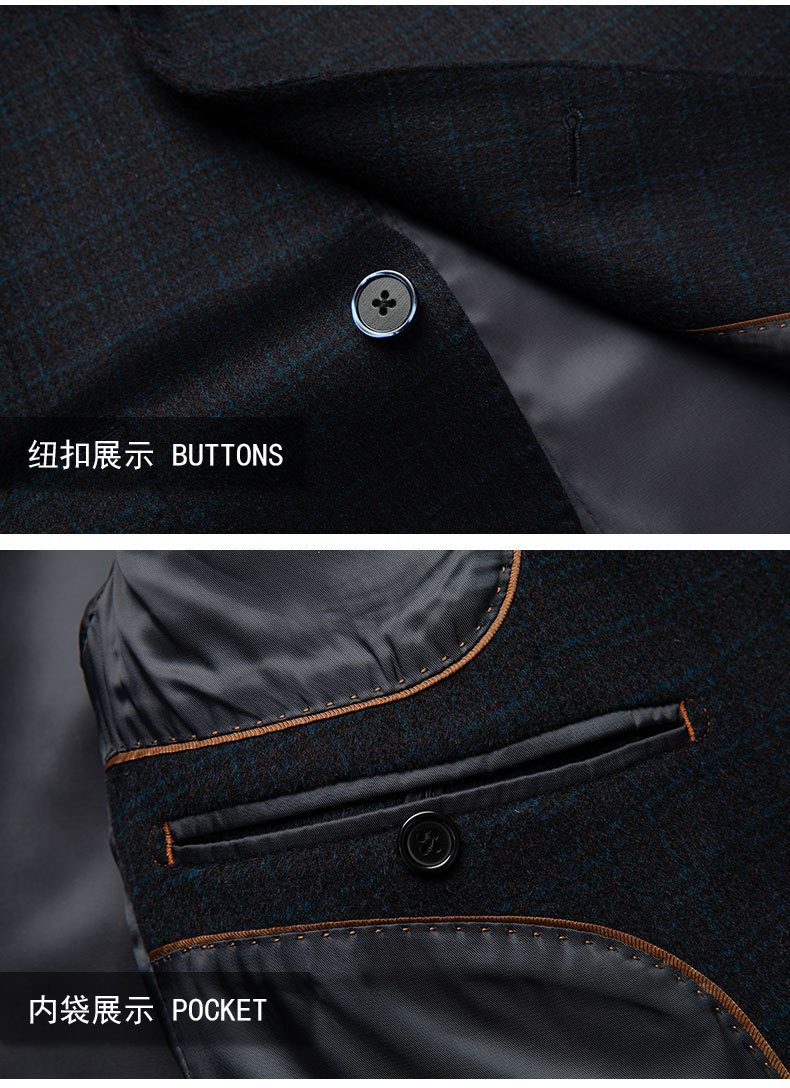 双面尼羊毛西装男士春秋外套红蓝格提花桑蚕丝商务休闲小西服详情15