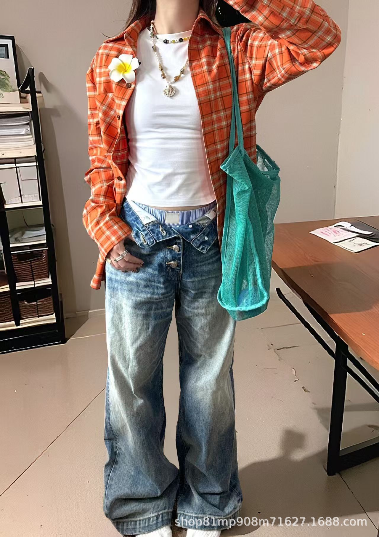 橘色格子衬衫女2025年春夏新款韩版宽松衬衣慵懒长袖防晒上衣外套详情4
