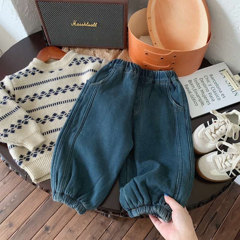 Pantalones niño invierno niños retro pantalones 2023 bebé hombre pantalones vaqueros otoño invierno con fleece niño pantalones casual versión coreana pic 1