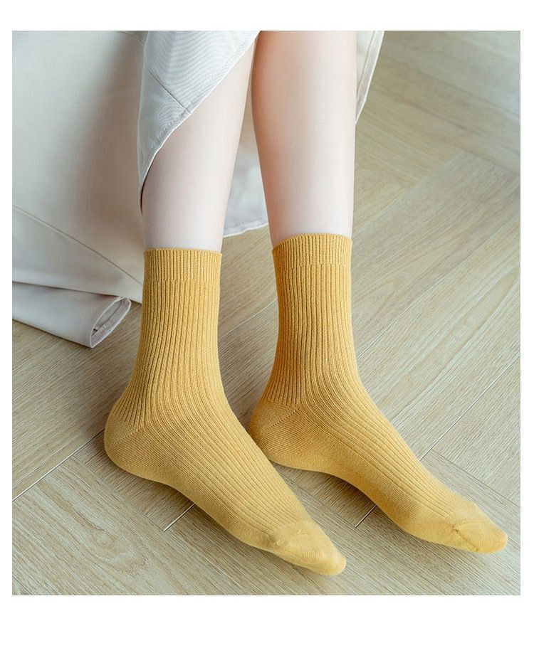 Nuevo estilo mujer doble aguja calcetines color sólido tira fina casual media tubo calcetines mujeres engrosado cálido otoño invierno 100% algodón calcetines al por mayor pic 10