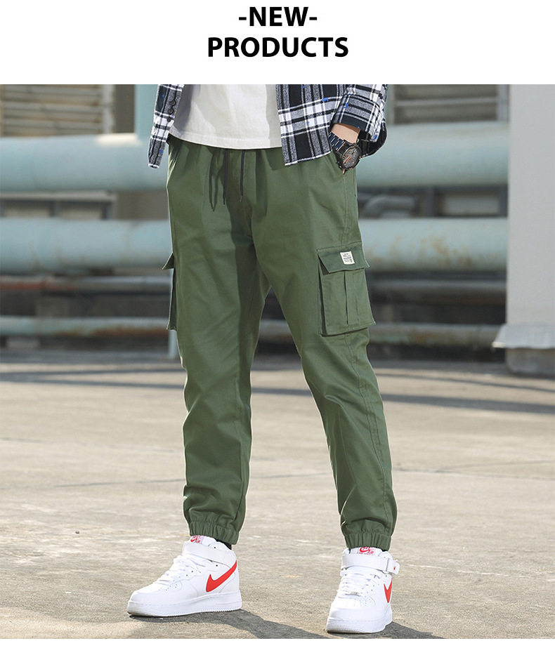 Pantalones de carga para hombres venta al por mayor primavera/otoño moda de día de algodón multibolsillos pantalones de pie cordones para hombres pantalones deportivos versátiles pic 23