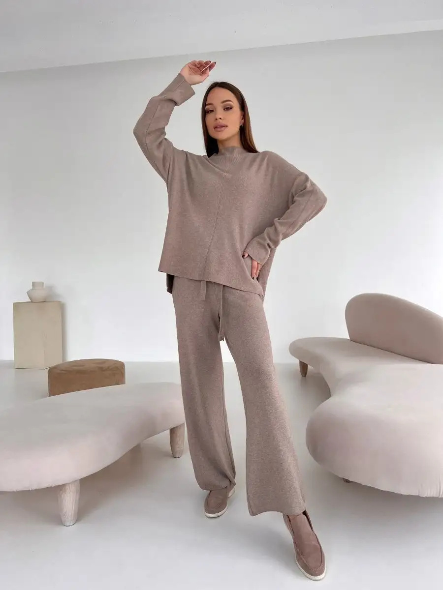 秋冬俄罗斯长袖宽松休闲长裤毛衣套装女跨境欧美热卖开叉套装详情25