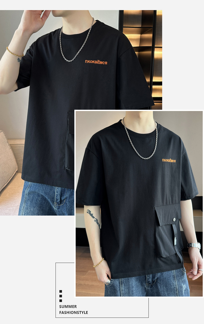 2024 Summer new short-sleeved T-shirt, thin, simple pocket, round neck, fashionable and trendy brand clothing, cool loose top pic 17