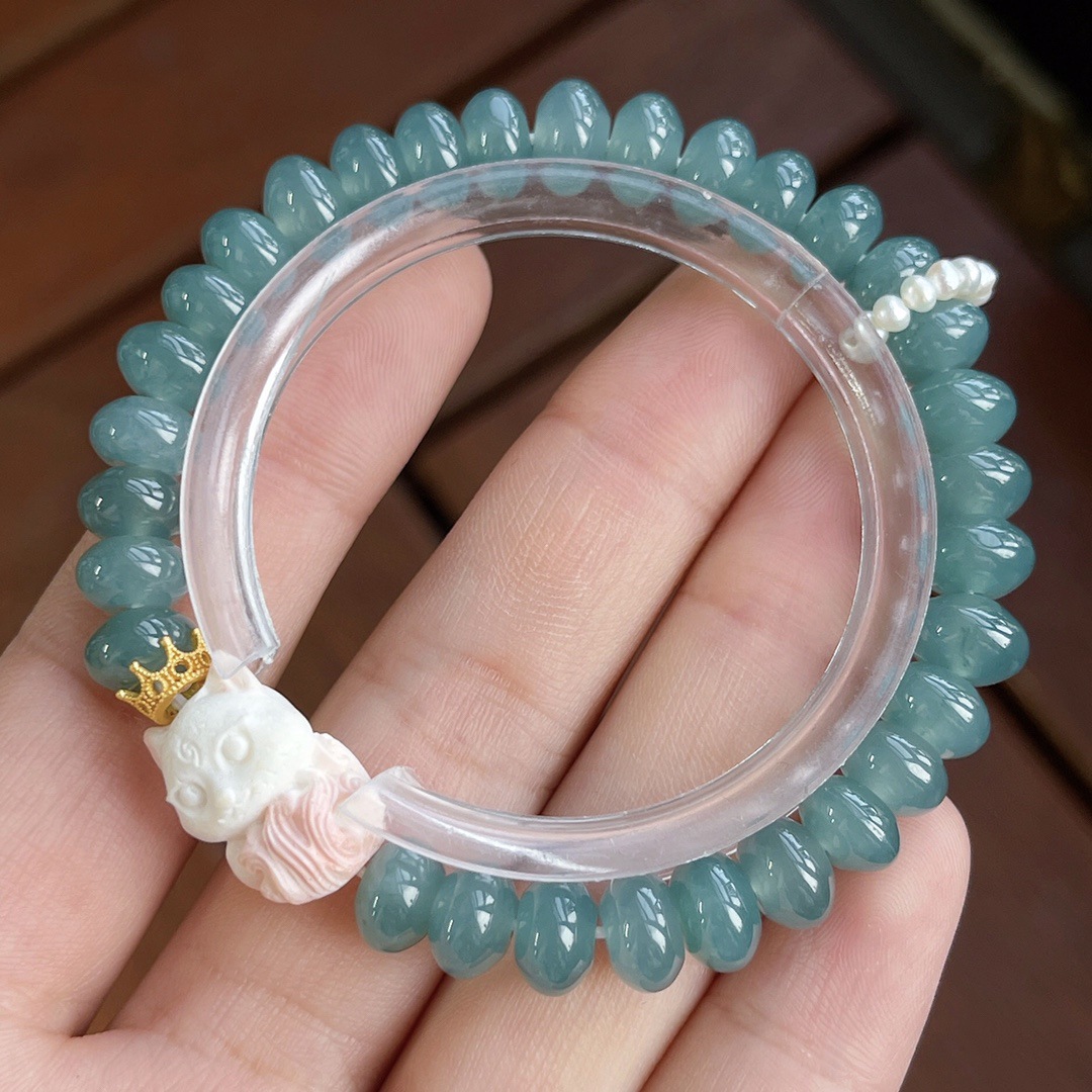 Amazon AliExpress New Chinese-style natural blue water drum bead A-grade jade bracelet for women, light luxury 925 silver inlaid rabbit jewelry pic 32