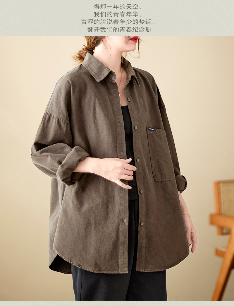 4色入纯色翻领长袖衬衫外套女宽松2024秋季新款文艺大口袋衬衣潮详情24