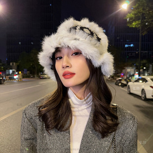 兔毛毛线帽子女秋冬季毛茸茸虎头醒狮渔夫帽显脸小针织毛绒帽子详情1