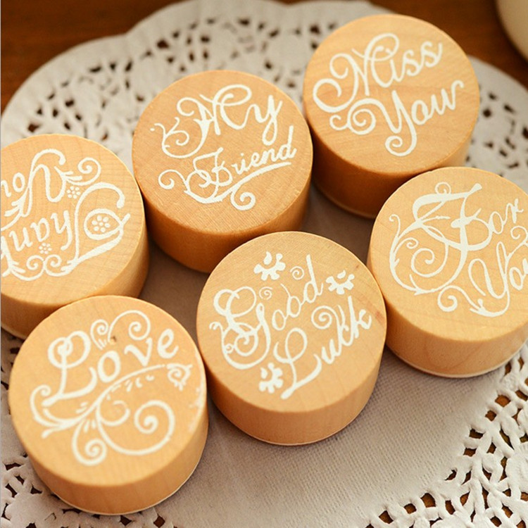Korean stationery DIY English blessing words, wooden retro round seal planner supplies, letter thank-you words decoration pic 4