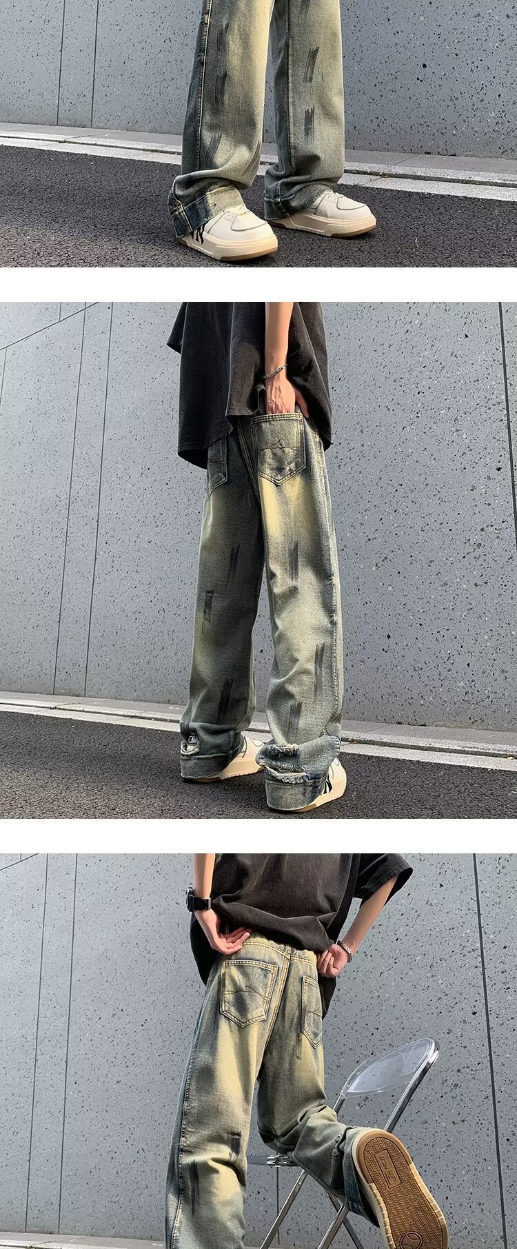 2024复古休闲做旧牛仔裤学生时尚百搭款垂感宽松阔腿拖地牛仔裤男详情15