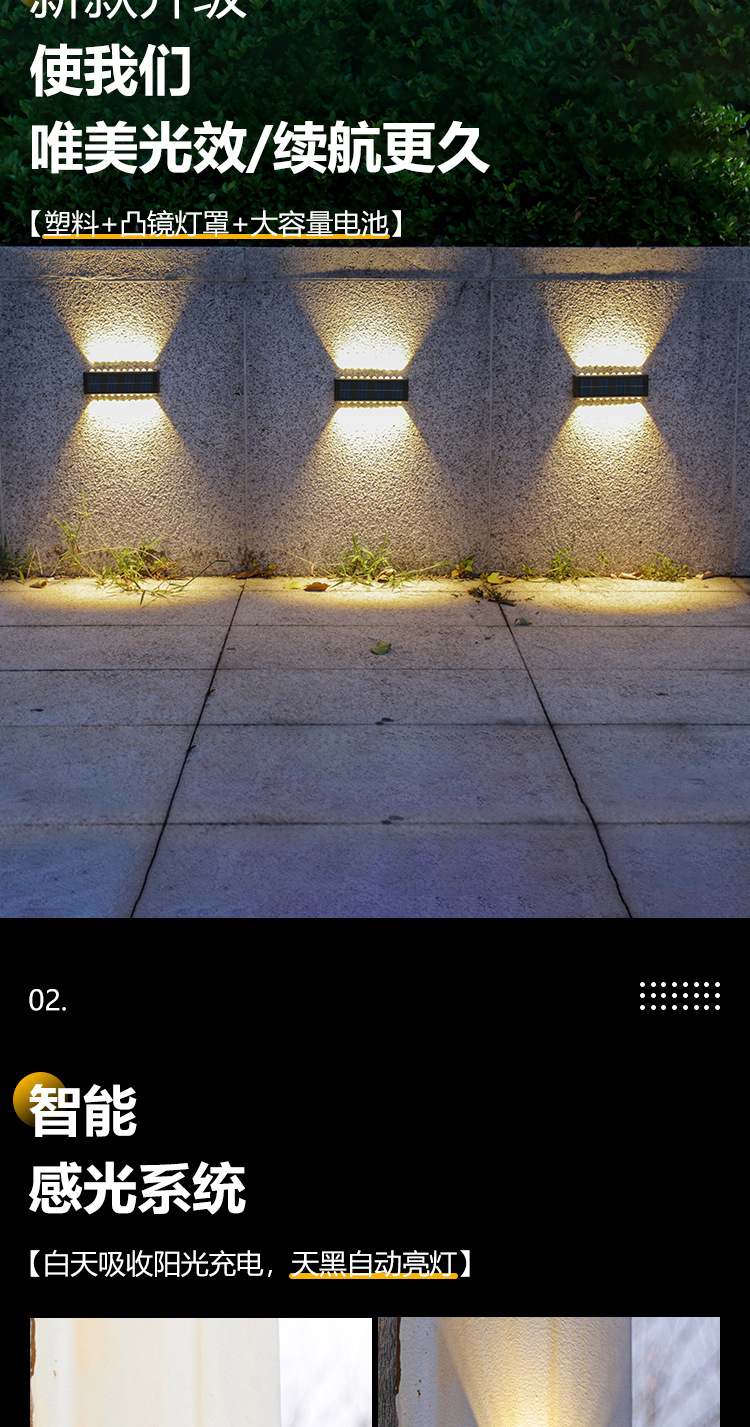 Solar outdoor garden lamp, household wall lamp, decorative arrangement, fence washing, new style of top and bottom luminous atmosphere wall lamp pic 20