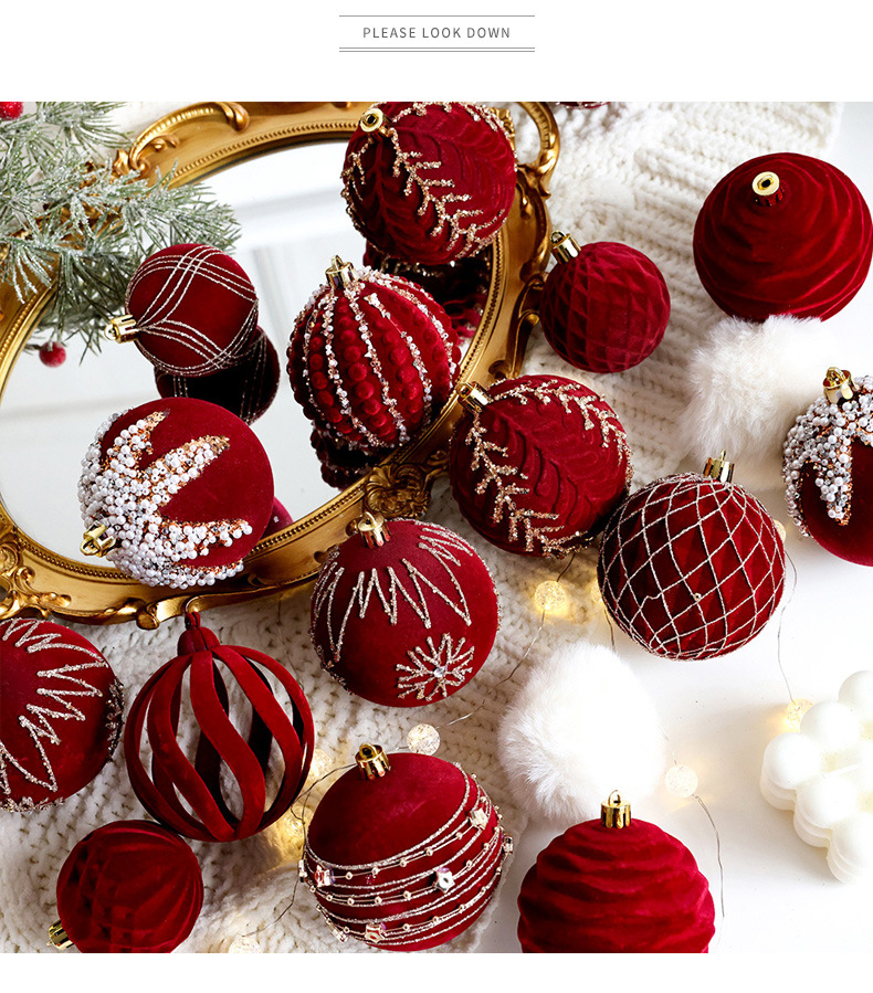 Christmas tree decoration balls, Christmas painted balls, velvet dark red Christmas balls, pearl DIY hanging decorations, scene arrangement pic 7