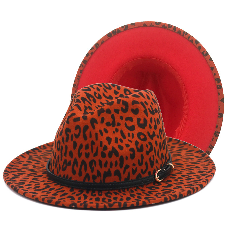 Leopard print color-blocked top hat, wide-brimmed jazz hat, black belt, woolen felt hat, leopard print bright red top hat pic 10