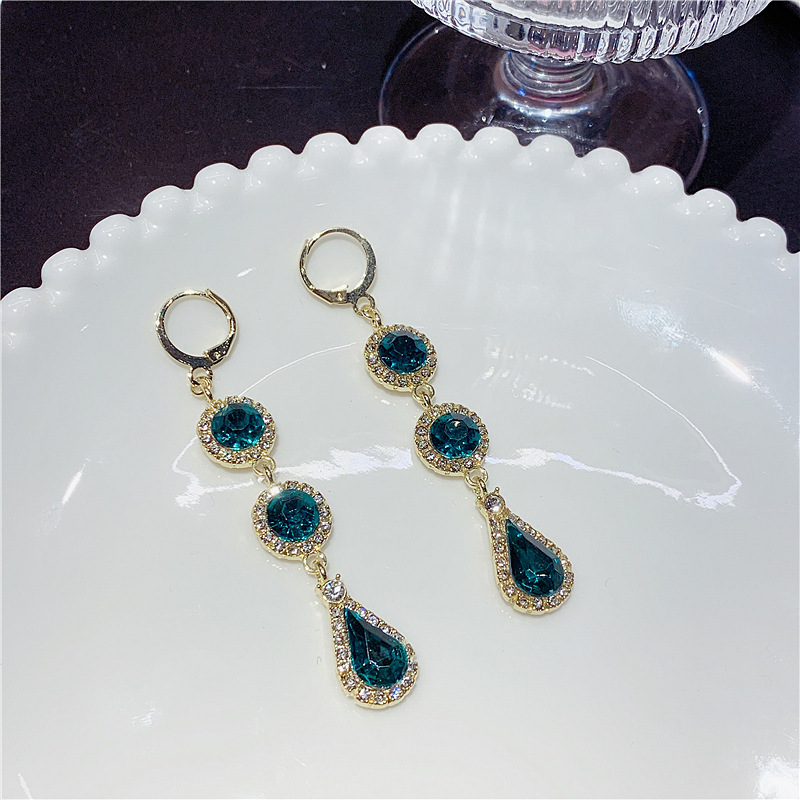 S925银针气质奢华绿色锆石耳扣新款高级水滴时尚百搭女耳环耳饰品详情8