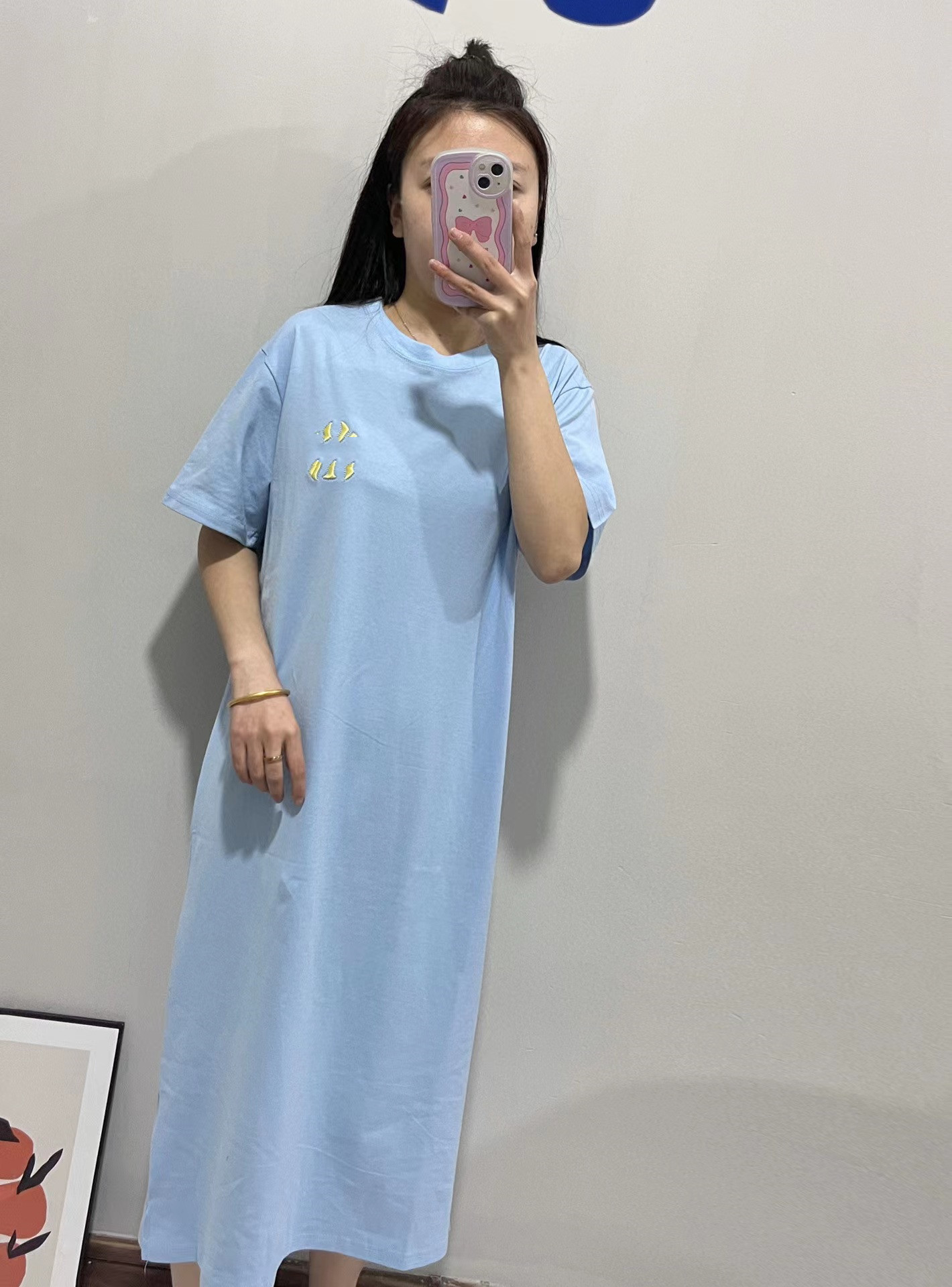 Korean MLB22 summer new macaron-colored NY small logo embroidered long dress, slimming, breathable and casual dress pic 1