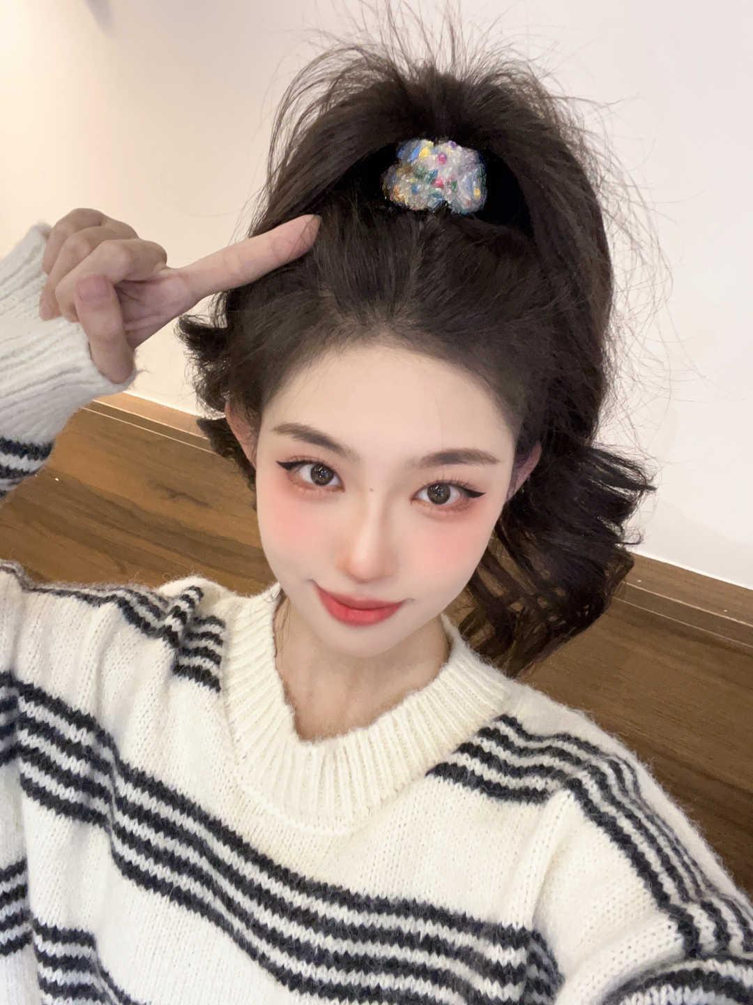 秋冬款毛绒高弹力马尾发绳韩式波点毛巾圈头绳简约小众针织毛线圈详情9