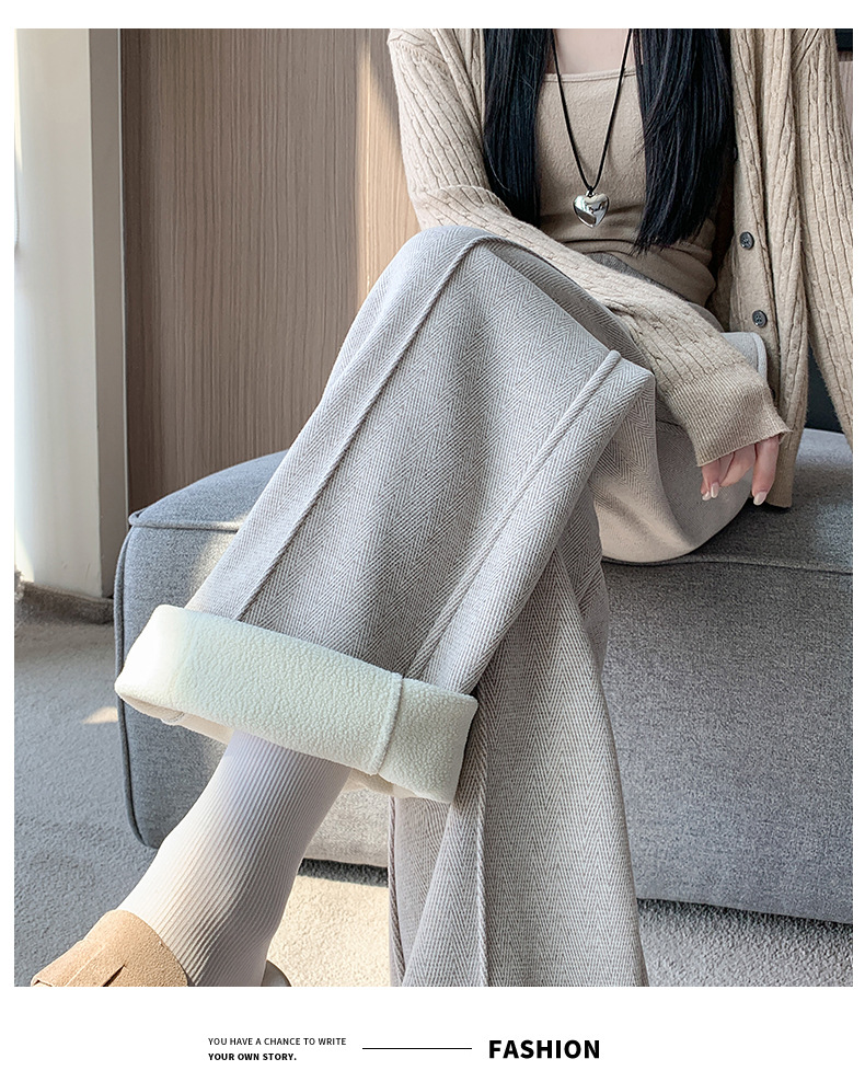 灰色直筒裤女秋冬裤子2024新款人字纹毛呢裤长裤羊羔绒窄版阔腿裤详情36
