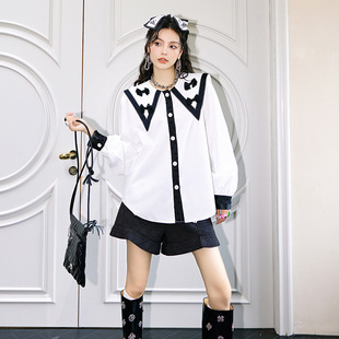 The new long-sleeved white shirt for women in the autumn of 2023, with lace trim and a doll-neck design, is a stylish shirt for women pic 8