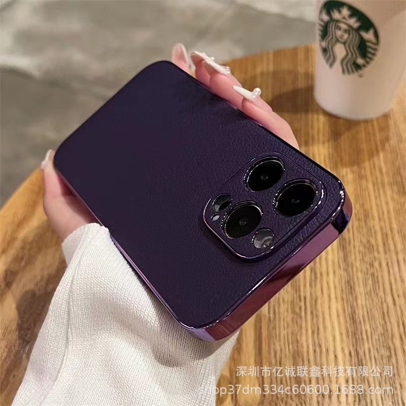 Lychee pattern solid color suitable for iPhone 15plus phone case iPhone14 Pro Max crystal lens film 13 matte pic 6